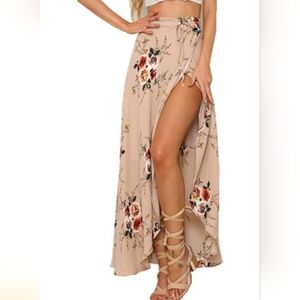 Women's Bohemian Floral Print Tie up Long Maxi Skirt